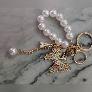 Gold-Tone Pearl Bracelet Keychain Bag Charm with Multicolor Butterfly Charm